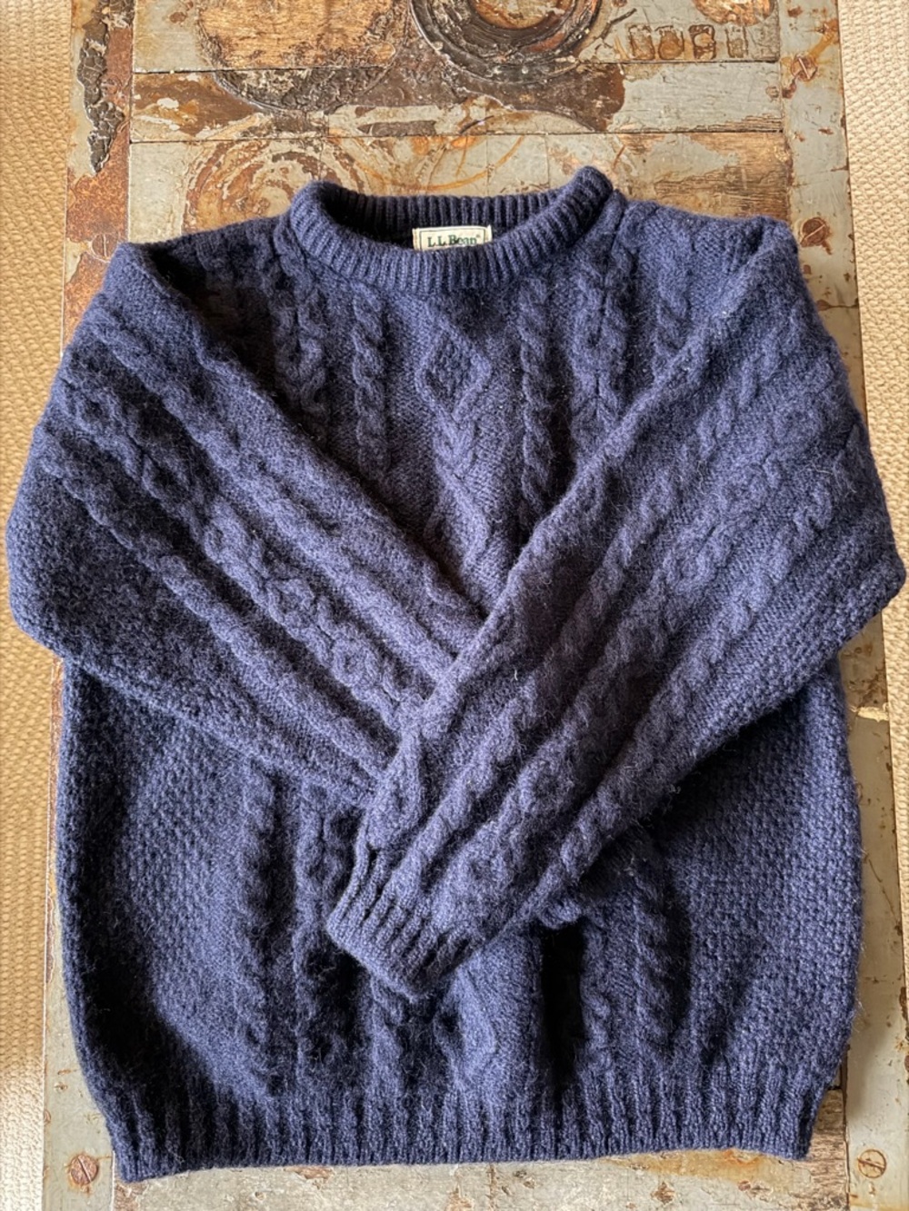 Vintage L.L. Bean Men's Cable-Knit Crewneck Sweater - Navy Blue